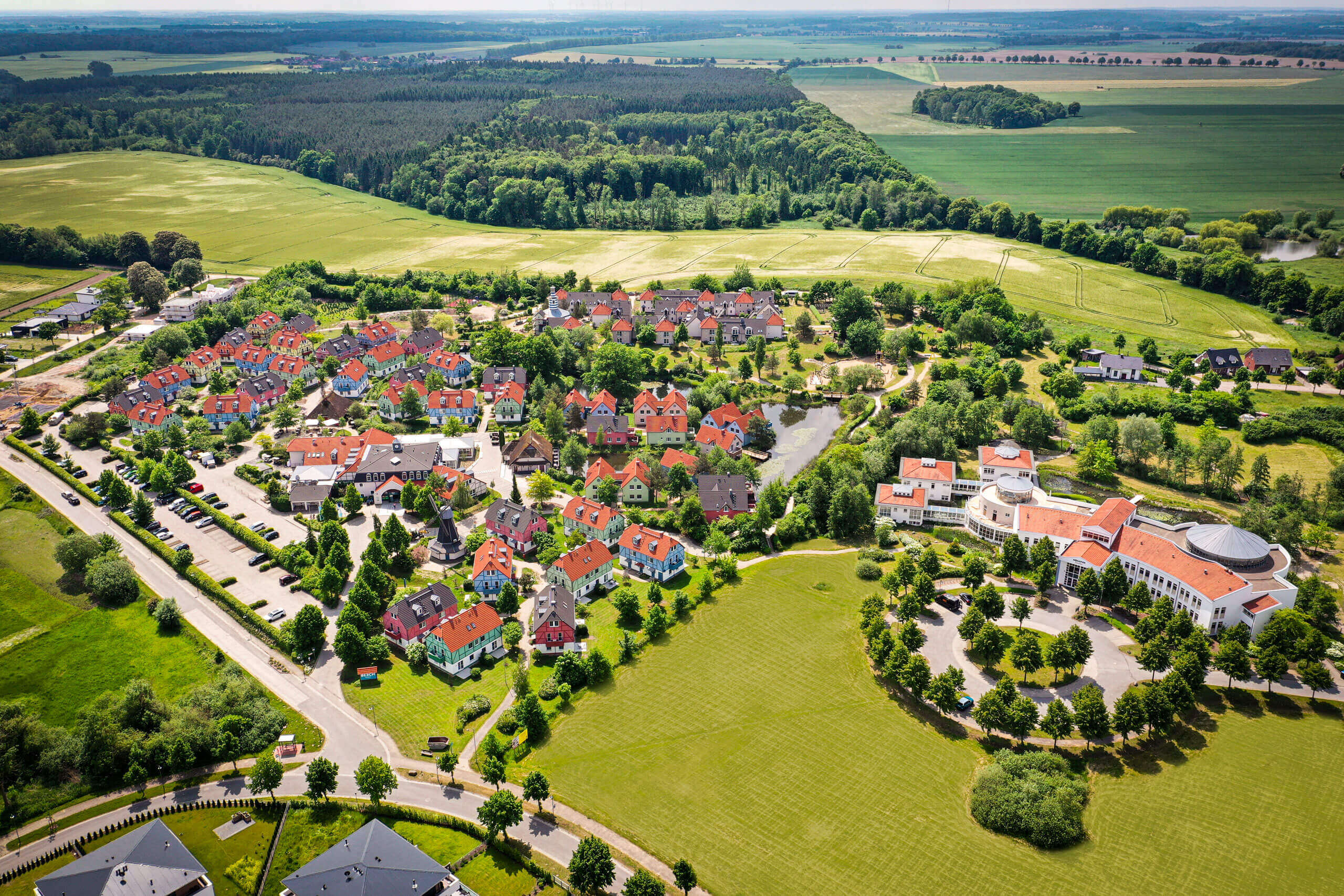 Luftaufnahme einer Nachbarschaft mit Gras, Bäumen, Häusern und einer Landschaft