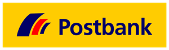 Ein gelbes Schild mit blauem Text, der Postbank sagt